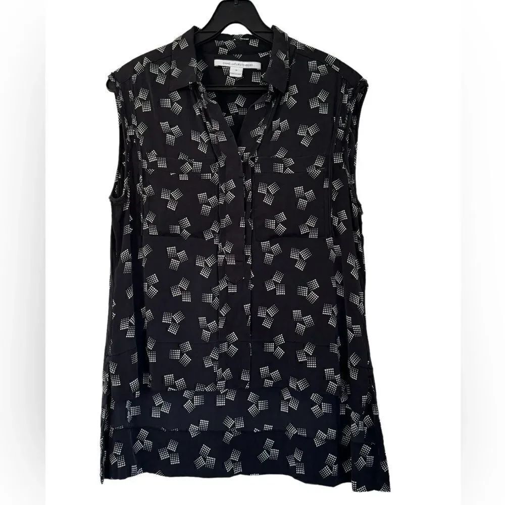 Diane Von Furstenberg Black/White Lensley Sleeveless Top Size 10